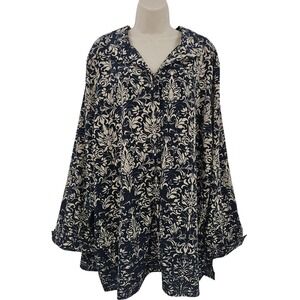 Catherines Blouse Women 3X Navy Floral Damask Button Front Long Sleeve Whimsical